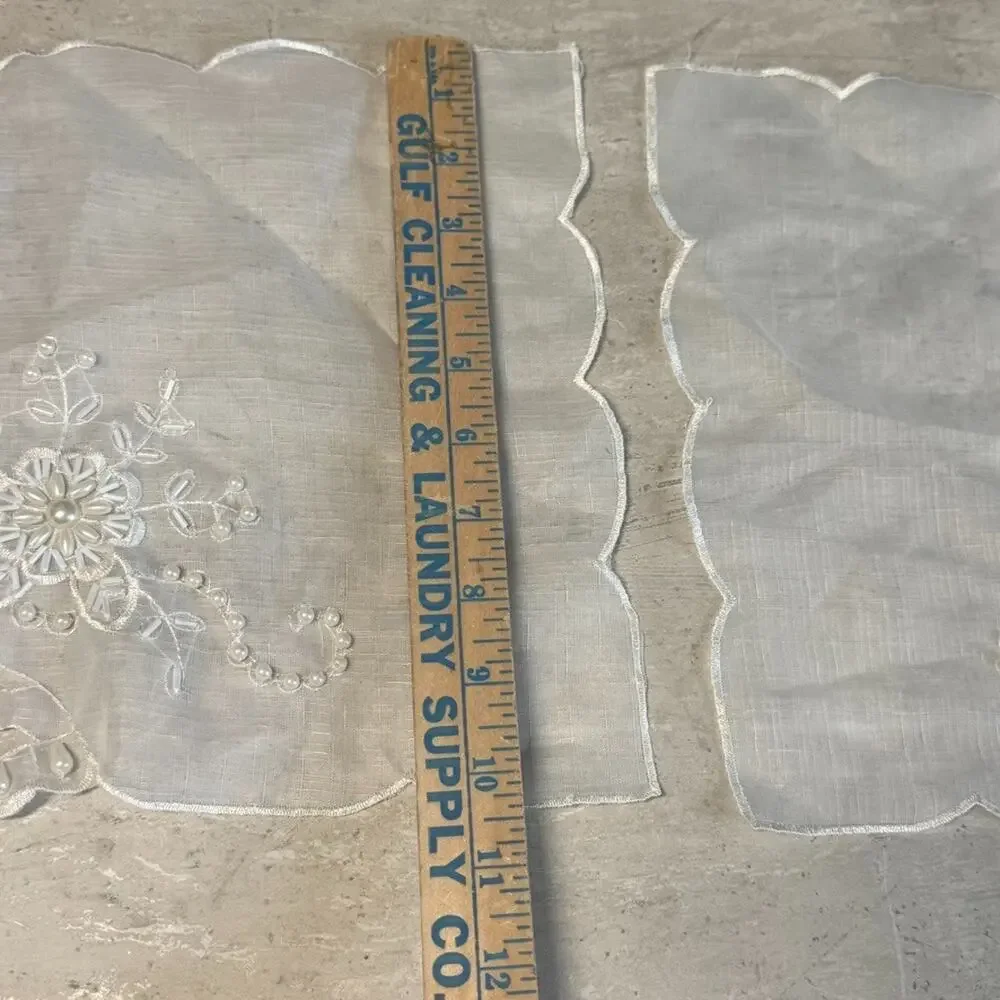 Vintage Handmade Beaded Pearl Embroidered Organza Fabric 2 Napkins Set